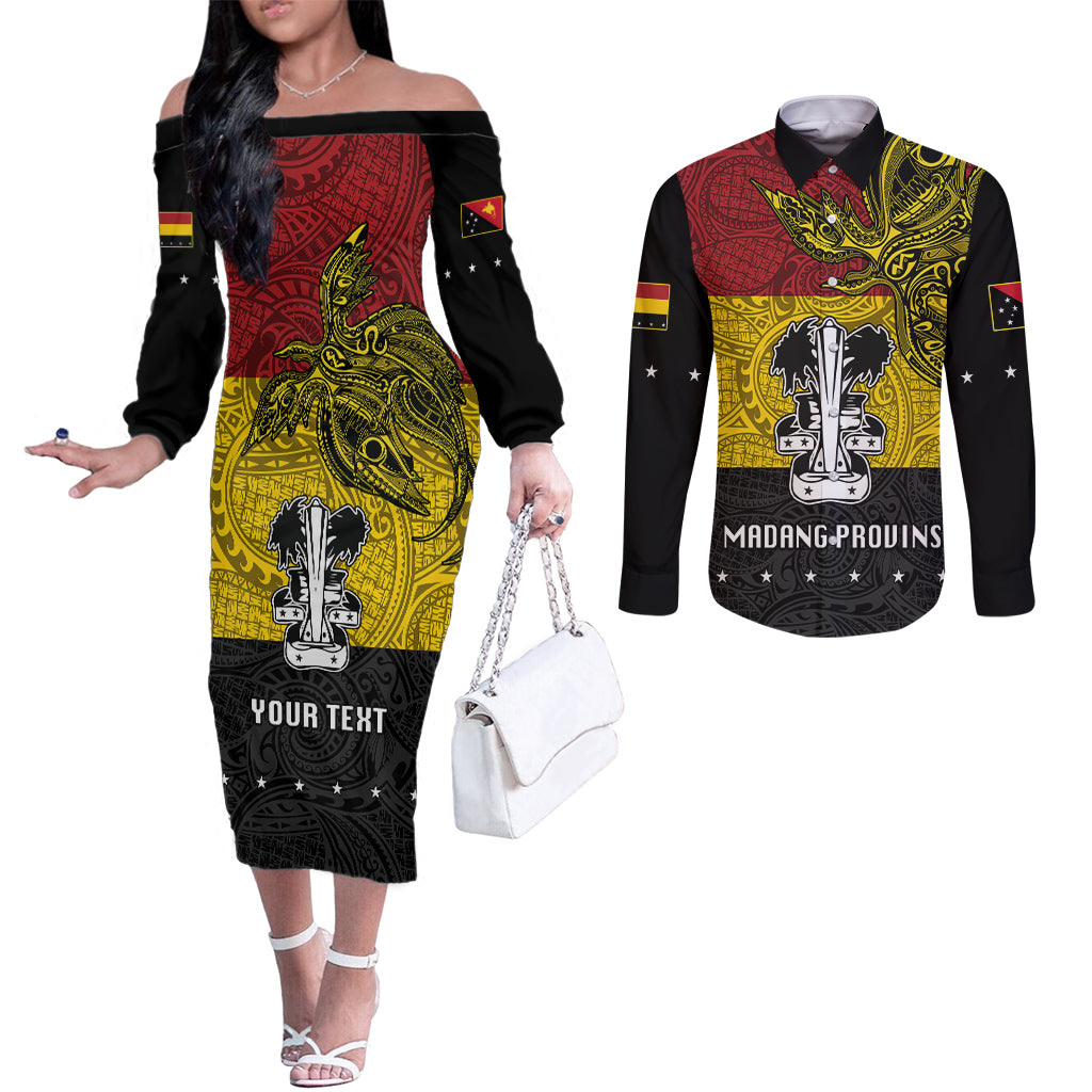 Custom Papua New Guinea Madang Province Couples Matching Off The Shoulder Long Sleeve Dress and Long Sleeve Button Shirts PNG Birds Of Paradise Polynesian Arty Style LT03 Yellow - Polynesian Pride