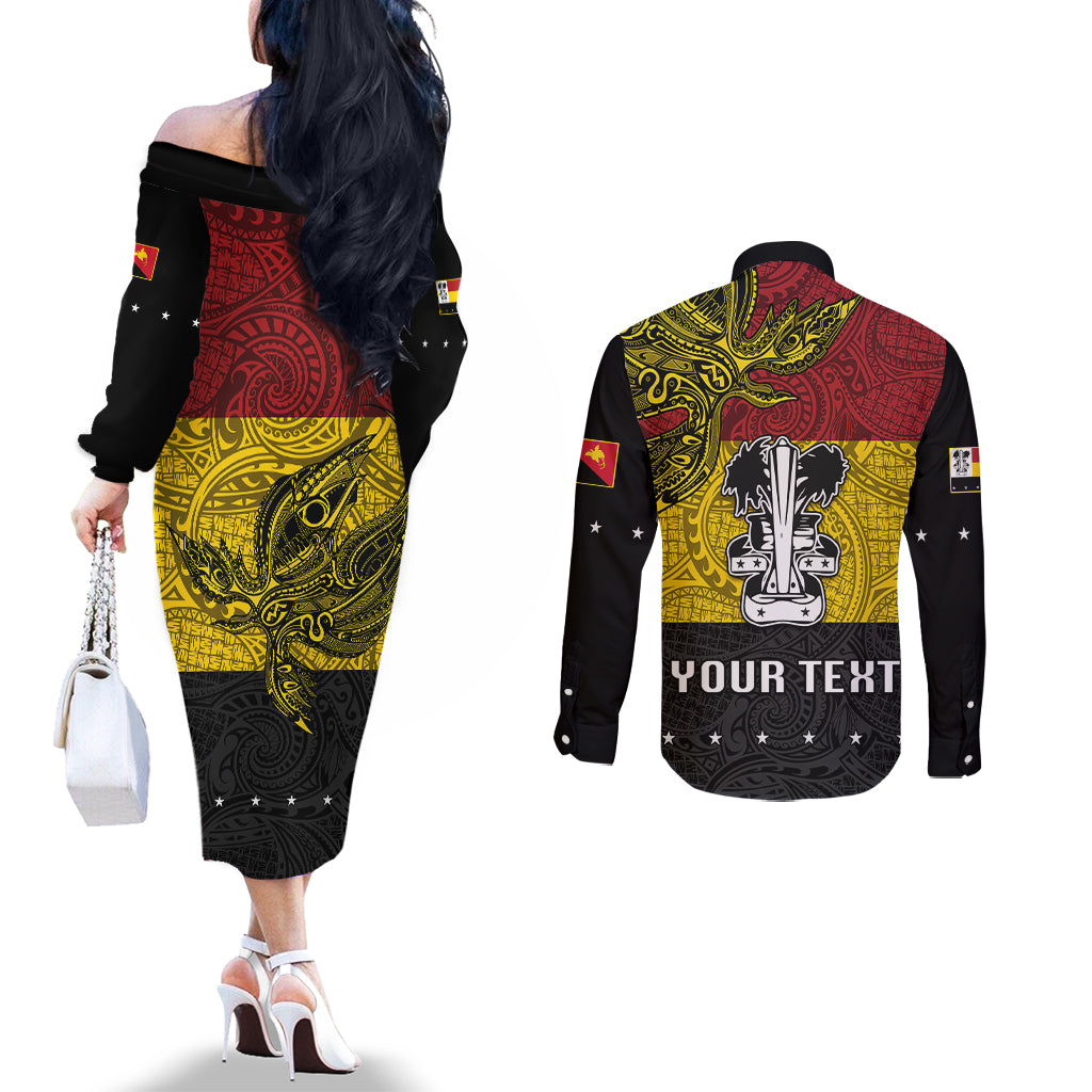 Custom Papua New Guinea Madang Province Couples Matching Off The Shoulder Long Sleeve Dress and Long Sleeve Button Shirts PNG Birds Of Paradise Polynesian Arty Style LT03 - Polynesian Pride