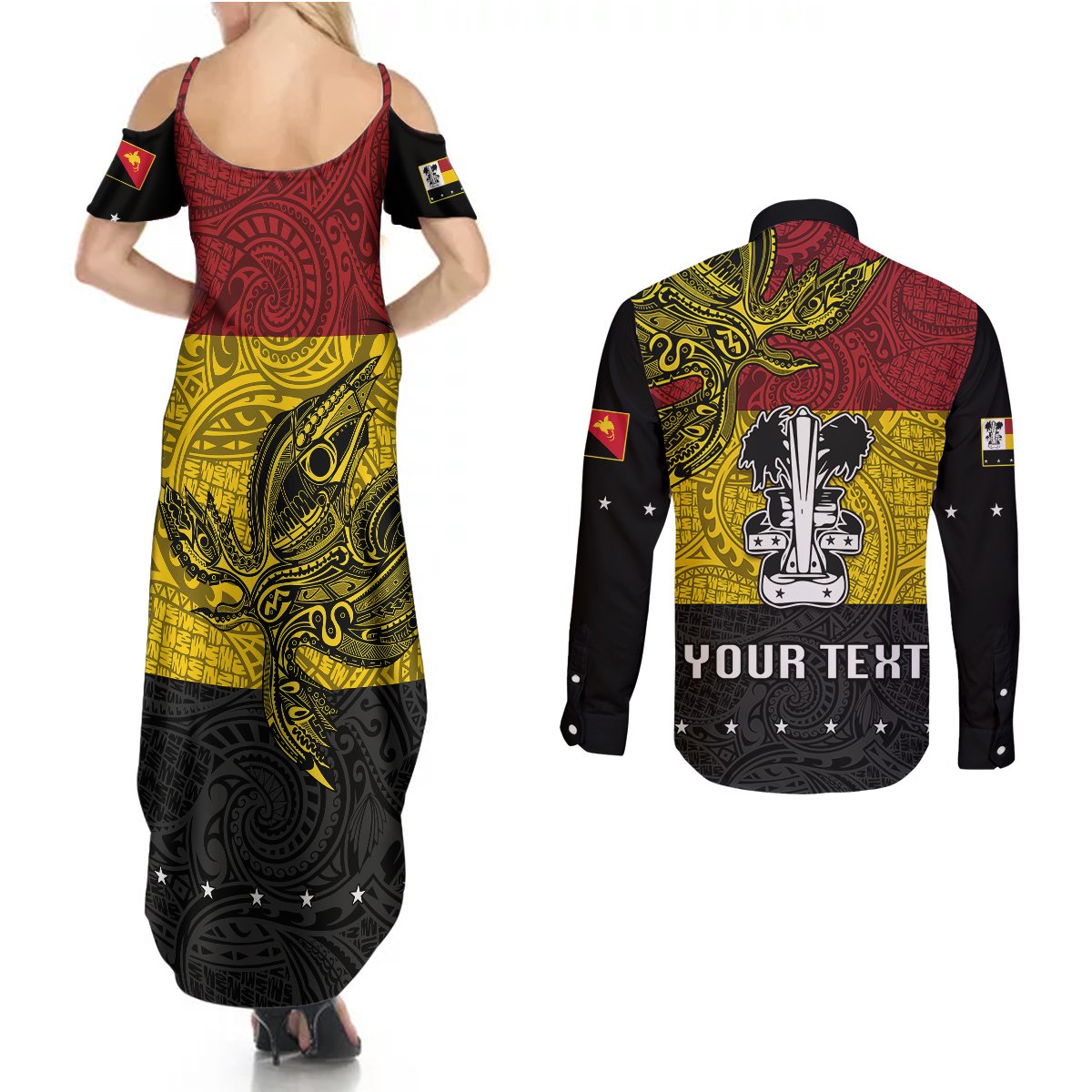Custom Papua New Guinea Madang Province Couples Matching Summer Maxi Dress and Long Sleeve Button Shirts PNG Birds Of Paradise Polynesian Arty Style LT03 - Polynesian Pride