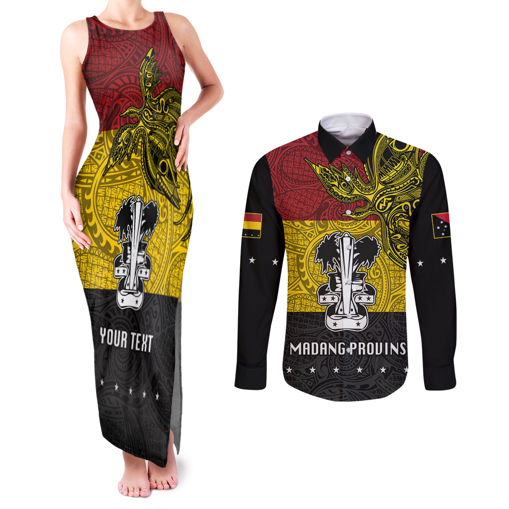 Custom Papua New Guinea Madang Province Couples Matching Tank Maxi Dress and Long Sleeve Button Shirts PNG Birds Of Paradise Polynesian Arty Style LT03 Yellow - Polynesian Pride