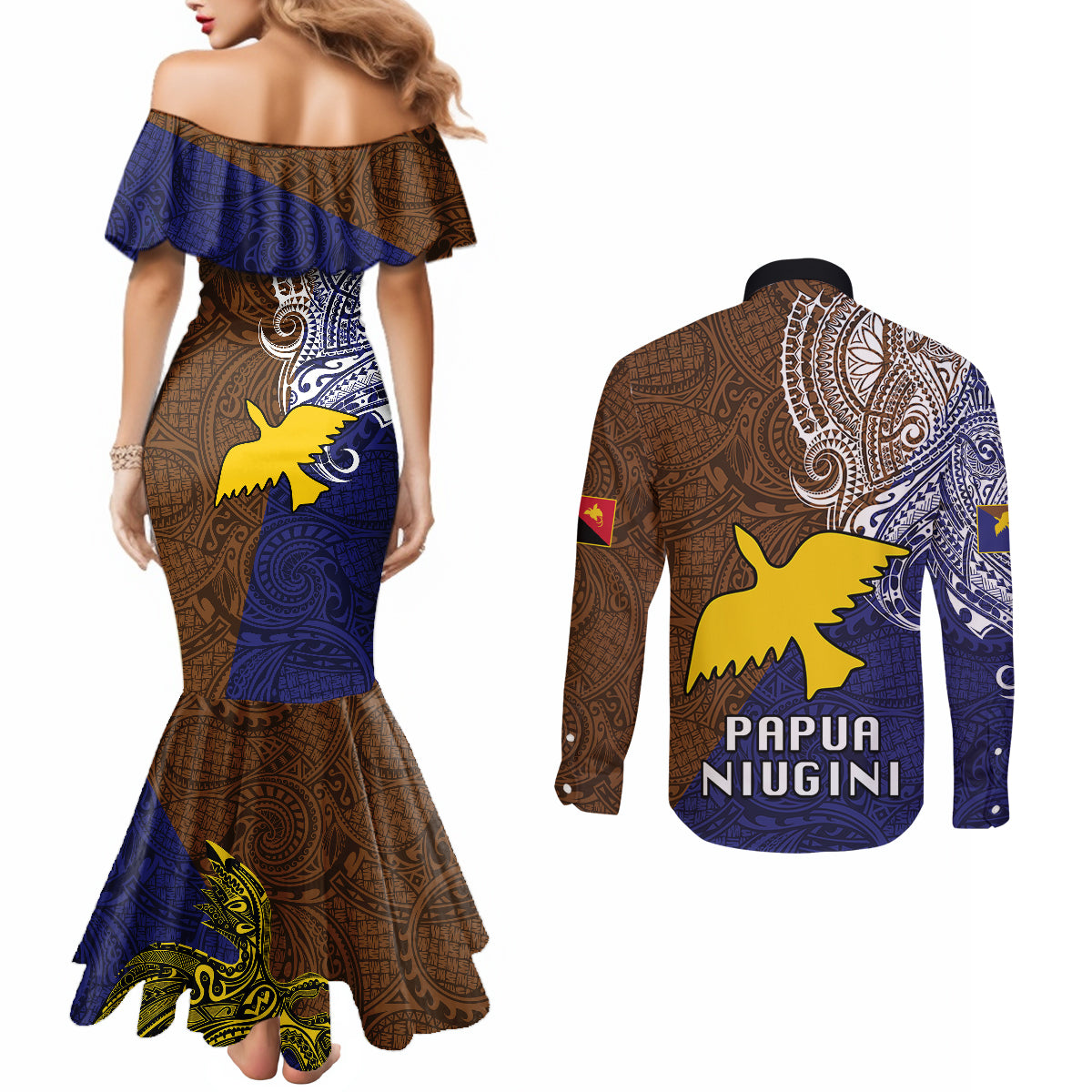 Papua New Guinea Manus Province Couples Matching Mermaid Dress and Long Sleeve Button Shirts PNG Birds Of Paradise Polynesian Arty Style LT03 - Polynesian Pride
