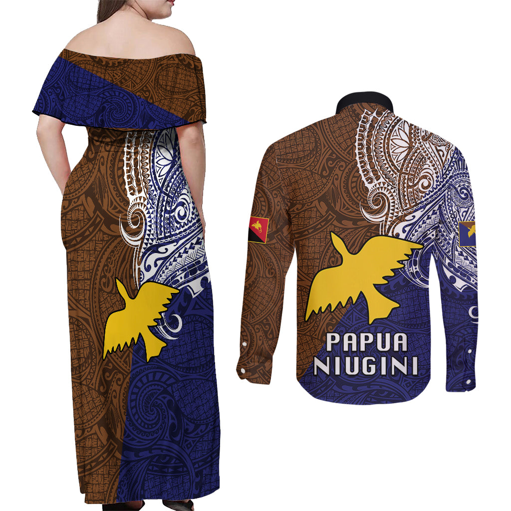 Papua New Guinea Manus Province Couples Matching Off Shoulder Maxi Dress and Long Sleeve Button Shirts PNG Birds Of Paradise Polynesian Arty Style LT03 - Polynesian Pride