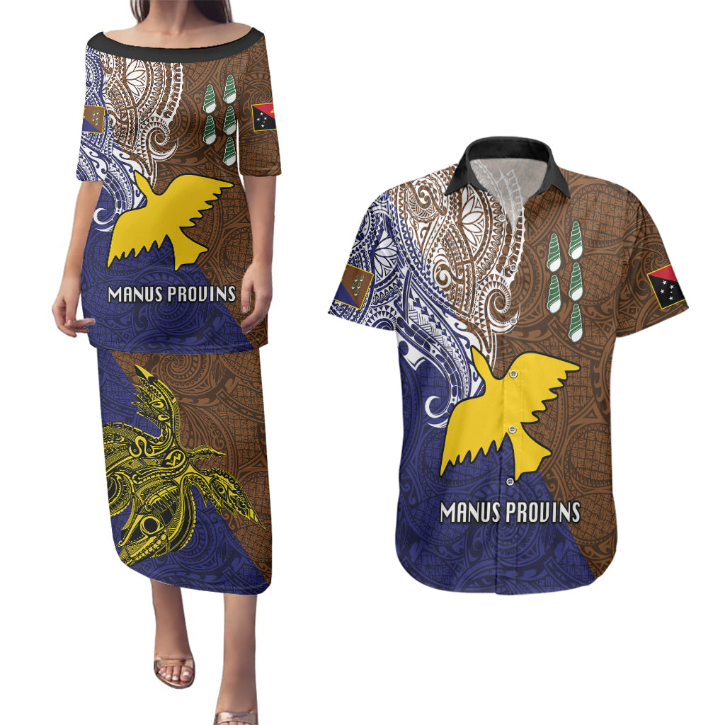 Papua New Guinea Manus Province Couples Matching Puletasi Dress and Hawaiian Shirt PNG Birds Of Paradise Polynesian Arty Style LT03 Brown - Polynesian Pride