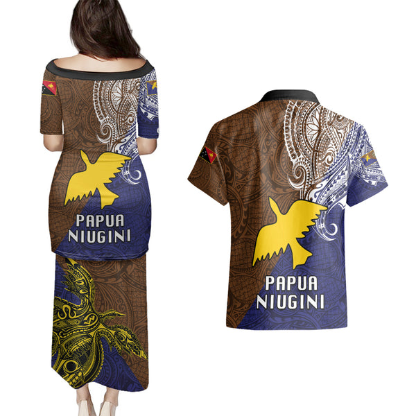 Personalised Papua New Guinea Western Highlands Province Couples Matching Puletasi Dress and Long Sleeve Button Shirts PNG Birds Of Paradise Polynesian Arty Style LT03 main image 0