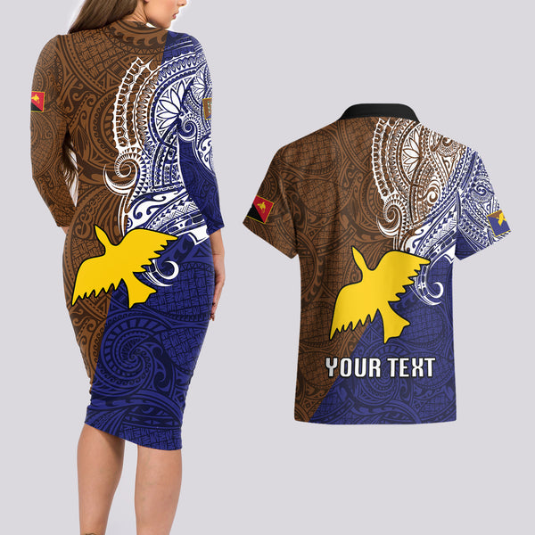 Custom Papua New Guinea Enga Province Couples Matching Off The Shoulder Long Sleeve Dress and Hawaiian Shirt PNG Birds Of Paradise Polynesian Arty Style LT03 main image 1