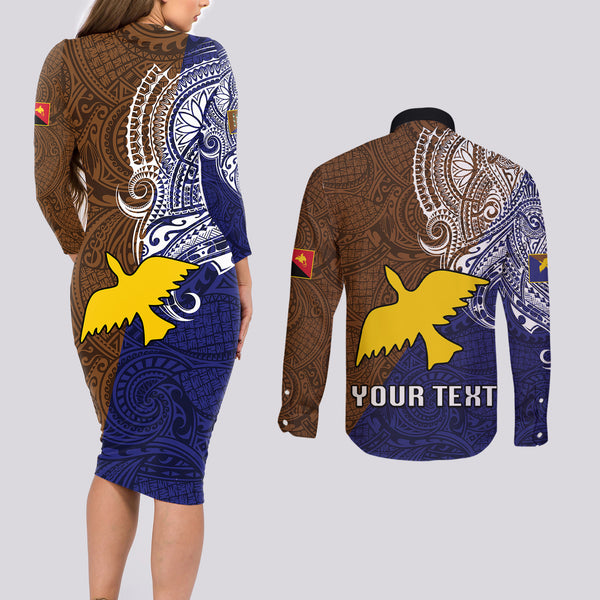 Personalized Papua New Guinea Manus Province Couples Matching Long Sleeve Bodycon Dress and Long Sleeve Button Shirts Mix Coat Of Arms Polynesian Pattern LT05 main image 1
