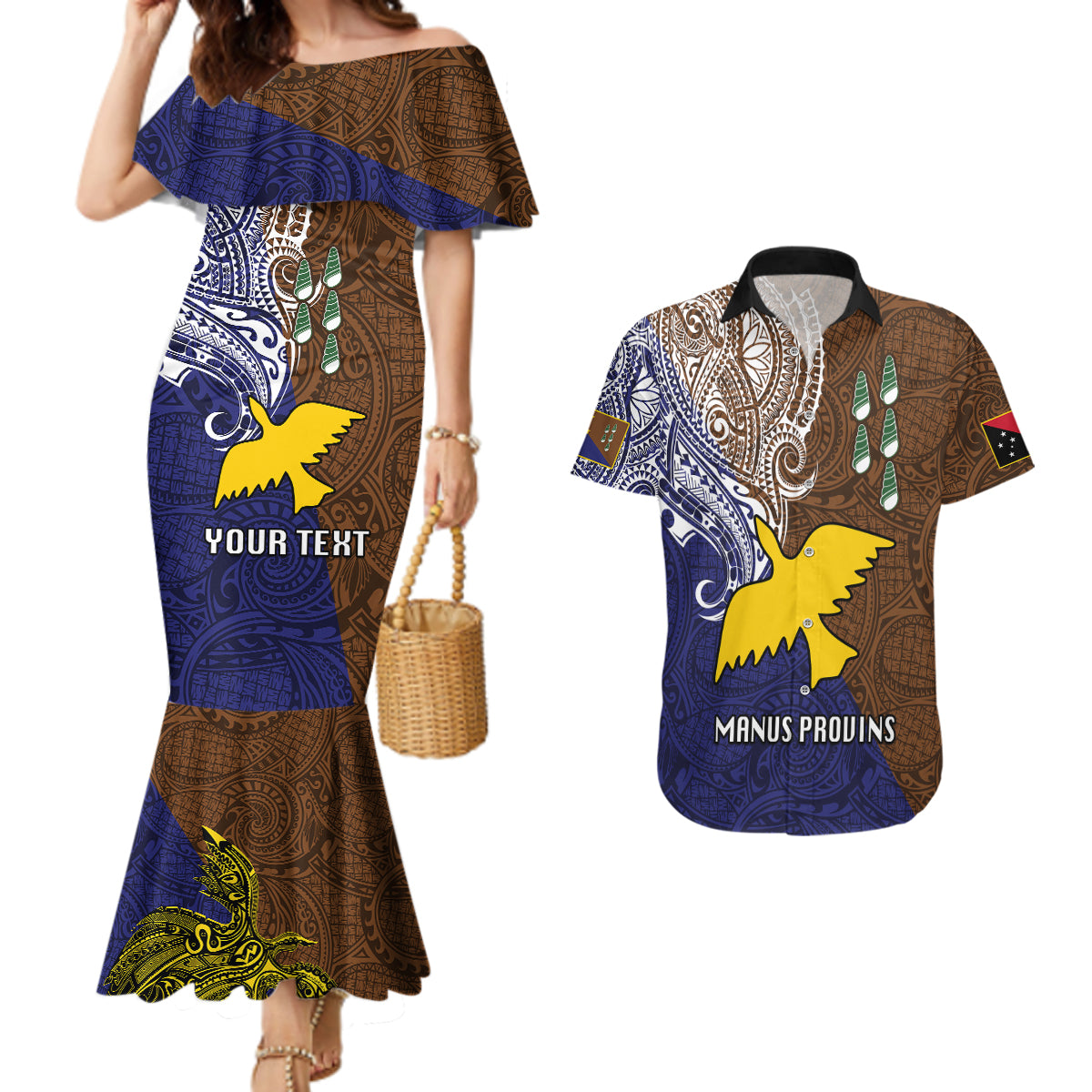 Custom Papua New Guinea Manus Province Couples Matching Mermaid Dress and Hawaiian Shirt PNG Birds Of Paradise Polynesian Arty Style LT03 Brown - Polynesian Pride