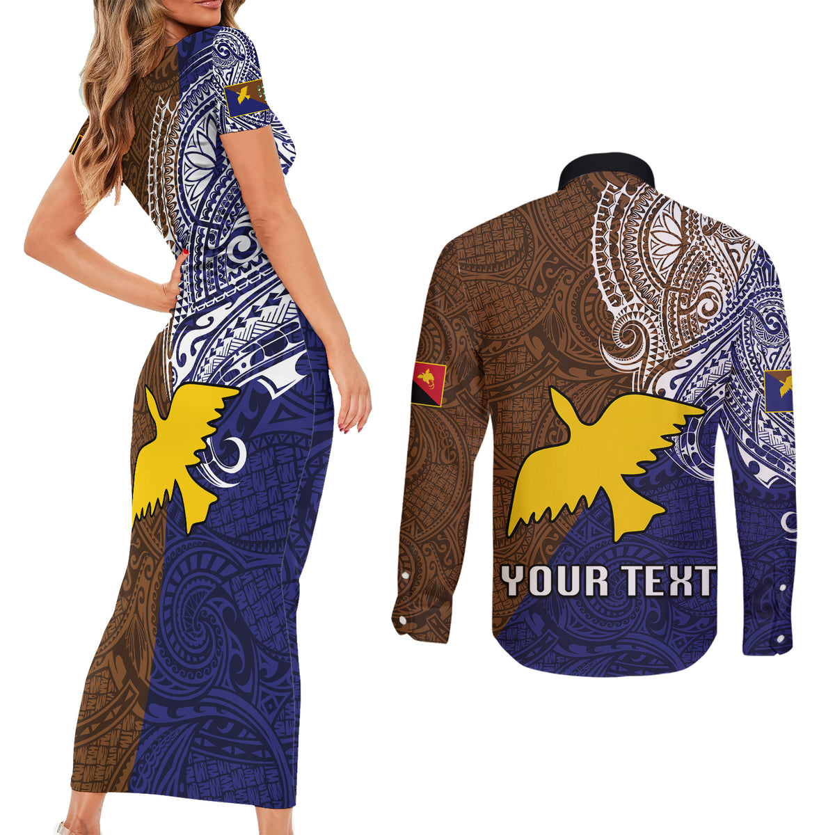 Custom Papua New Guinea Manus Province Couples Matching Short Sleeve Bodycon Dress and Long Sleeve Button Shirts PNG Birds Of Paradise Polynesian Arty Style LT03 - Polynesian Pride
