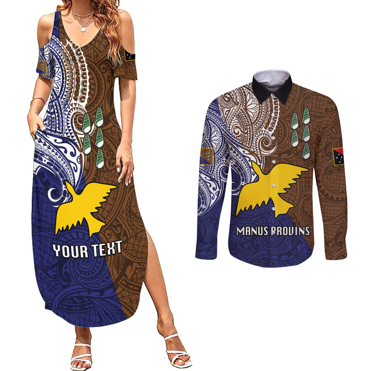 Custom Papua New Guinea Manus Province Couples Matching Summer Maxi Dress and Long Sleeve Button Shirts PNG Birds Of Paradise Polynesian Arty Style LT03 Brown - Polynesian Pride
