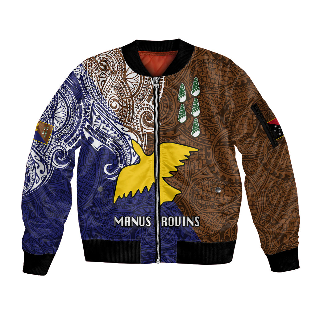 Custom Papua New Guinea Manus Province Sleeve Zip Bomber Jacket PNG Birds Of Paradise Polynesian Arty Style LT03 Unisex Brown - Polynesian Pride