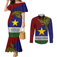 Papua New Guinea Milne Bay Province Couples Matching Mermaid Dress and Long Sleeve Button Shirts PNG Birds Of Paradise Polynesian Arty Style LT03 Blue - Polynesian Pride