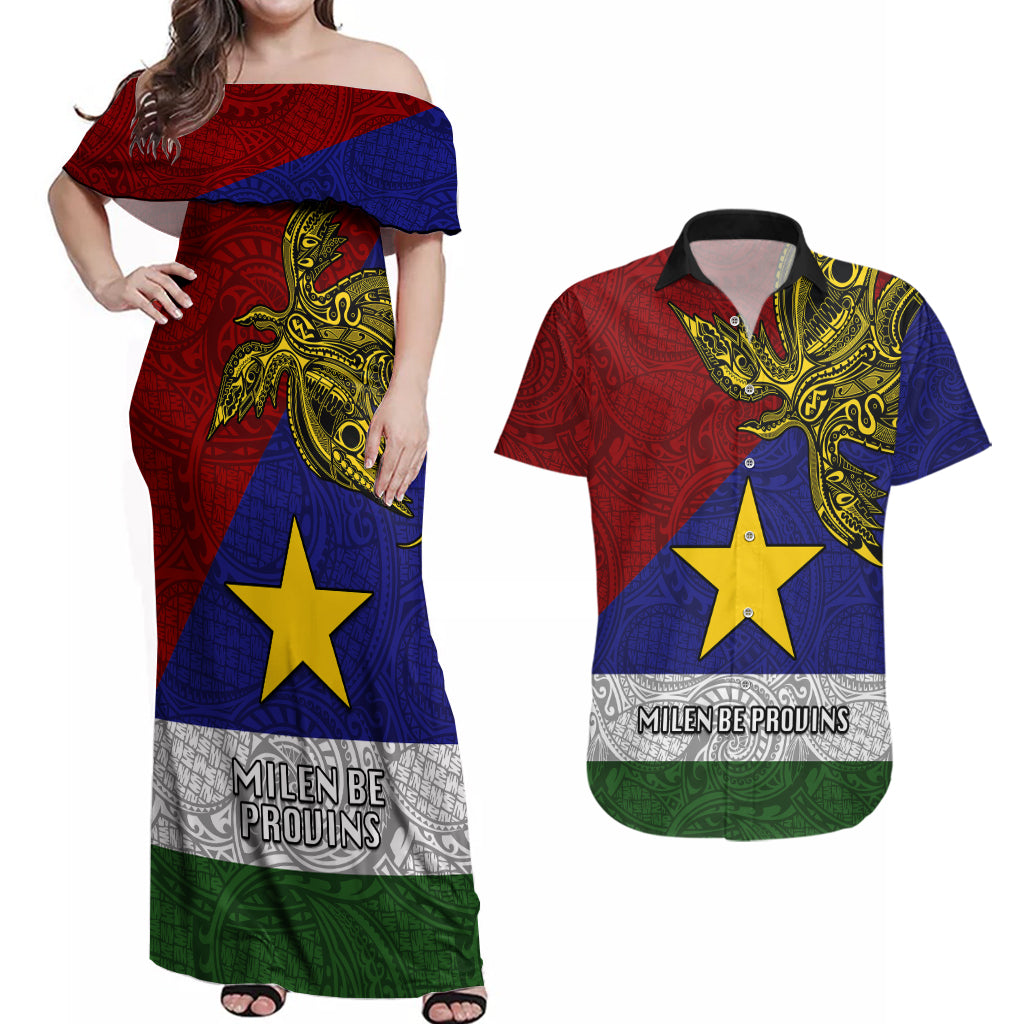 Papua New Guinea Milne Bay Province Couples Matching Off Shoulder Maxi Dress and Hawaiian Shirt PNG Birds Of Paradise Polynesian Arty Style LT03 Blue - Polynesian Pride