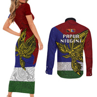 Papua New Guinea Milne Bay Province Couples Matching Short Sleeve Bodycon Dress and Long Sleeve Button Shirts PNG Birds Of Paradise Polynesian Arty Style LT03 - Polynesian Pride