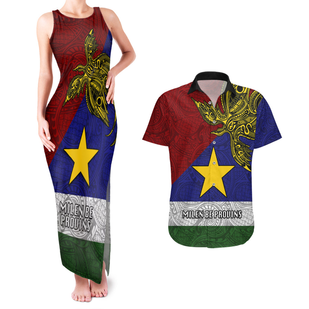 Papua New Guinea Milne Bay Province Couples Matching Tank Maxi Dress and Hawaiian Shirt PNG Birds Of Paradise Polynesian Arty Style LT03 Blue - Polynesian Pride