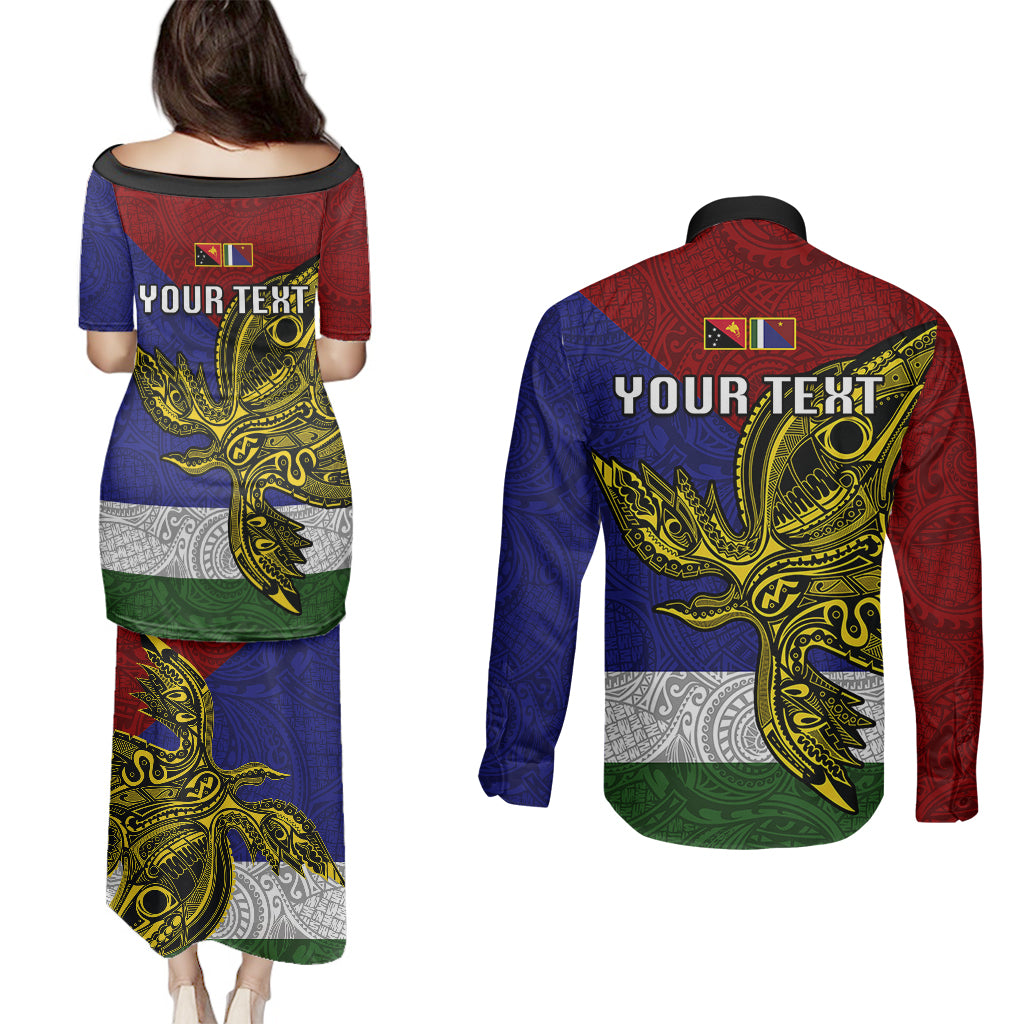 Custom Papua New Guinea Milne Bay Province Couples Matching Puletasi Dress and Long Sleeve Button Shirts PNG Birds Of Paradise Polynesian Arty Style LT03 - Polynesian Pride