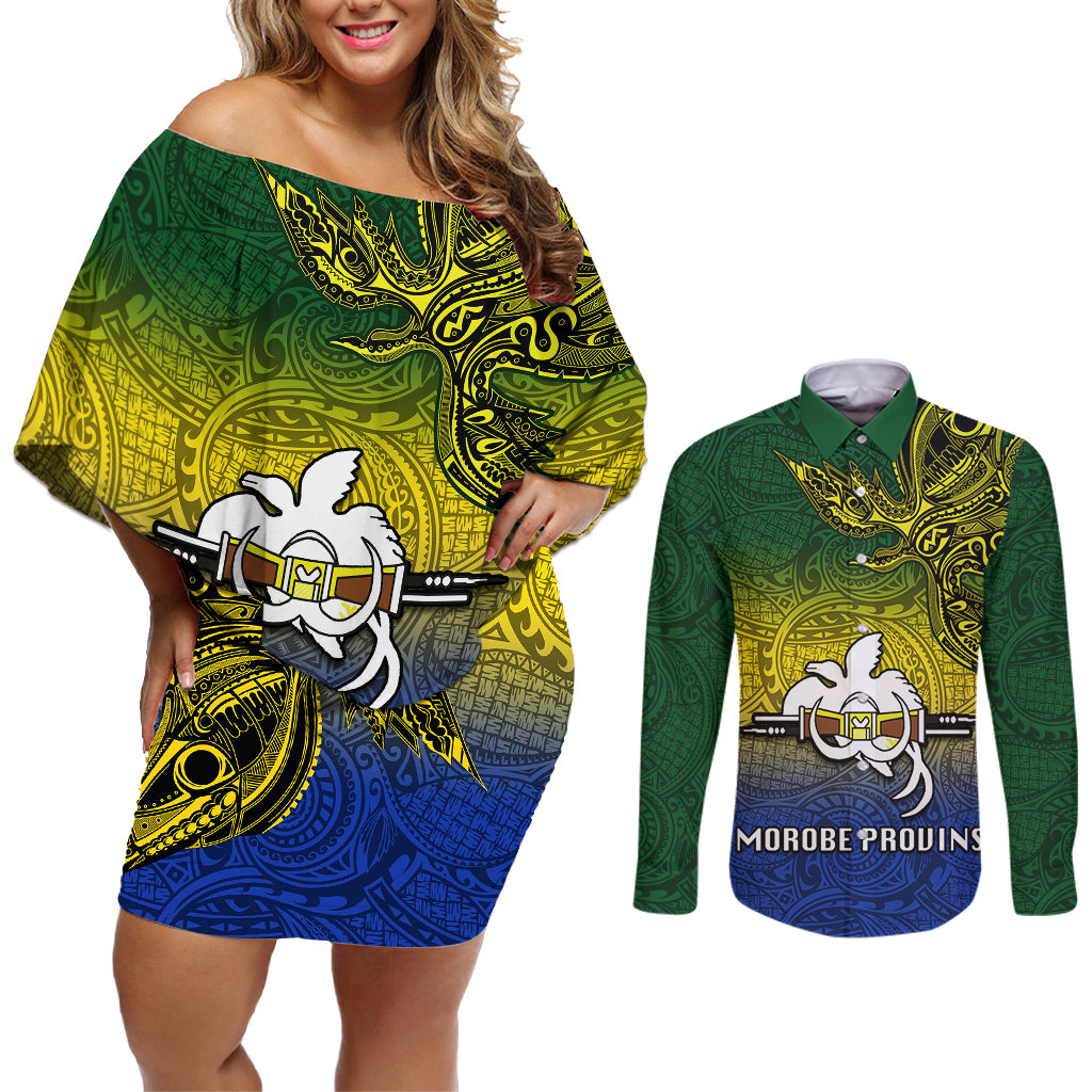 Papua New Guinea Morobe Province Couples Matching Off Shoulder Short Dress and Long Sleeve Button Shirts PNG Birds Of Paradise Polynesian Arty Style LT03 Yellow - Polynesian Pride