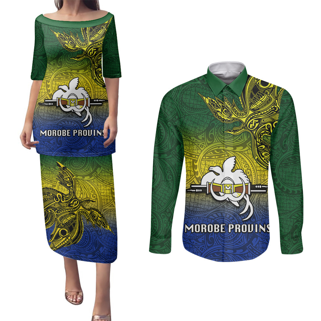 Papua New Guinea Morobe Province Couples Matching Puletasi Dress and Long Sleeve Button Shirts PNG Birds Of Paradise Polynesian Arty Style LT03 Yellow - Polynesian Pride
