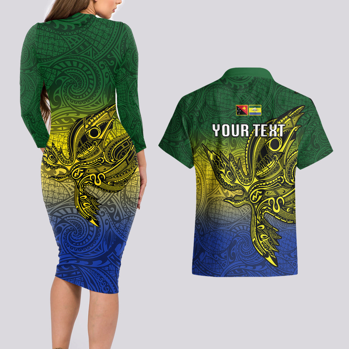 Custom Papua New Guinea Morobe Province Couples Matching Long Sleeve Bodycon Dress and Hawaiian Shirt PNG Birds Of Paradise Polynesian Arty Style LT03 - Polynesian Pride