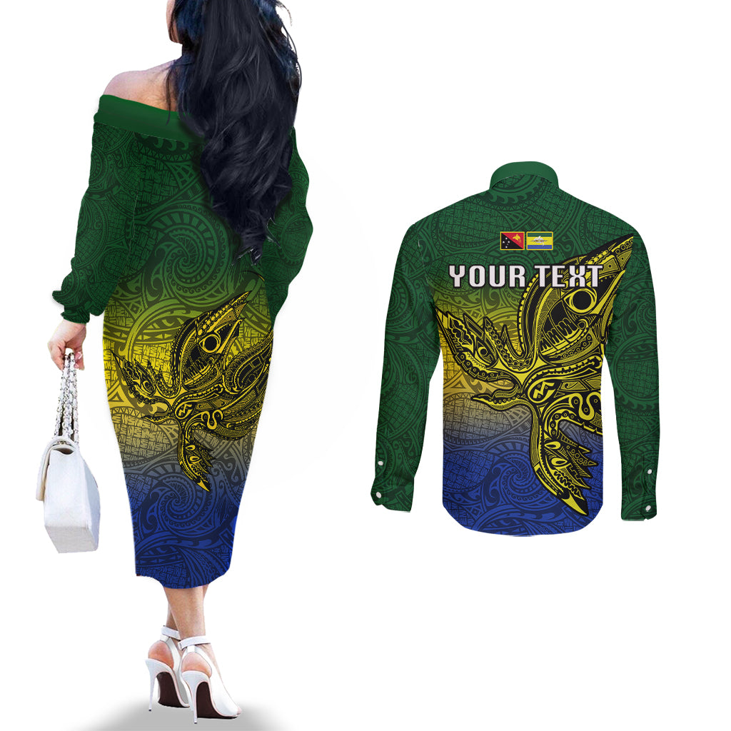 Custom Papua New Guinea Morobe Province Couples Matching Off The Shoulder Long Sleeve Dress and Long Sleeve Button Shirts PNG Birds Of Paradise Polynesian Arty Style LT03 - Polynesian Pride