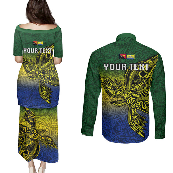 Personalized Papua New Guinea Morobe Province Couples Matching Off The Shoulder Long Sleeve Dress and Hawaiian Shirt Mix Coat Of Arms Polynesian Pattern LT05 main image 0