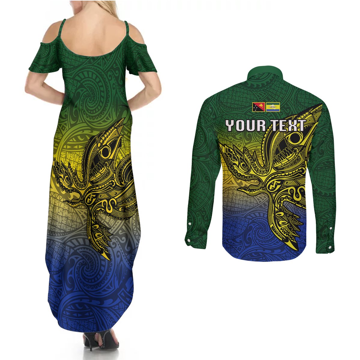 Custom Papua New Guinea Morobe Province Couples Matching Summer Maxi Dress and Long Sleeve Button Shirts PNG Birds Of Paradise Polynesian Arty Style LT03 - Polynesian Pride