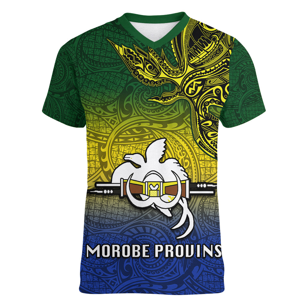 Custom Papua New Guinea Morobe Province Women V Neck T Shirt PNG Birds Of Paradise Polynesian Arty Style LT03 Female Yellow - Polynesian Pride