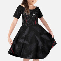 Custom New Zealand Rugby Family Matching Short Sleeve Bodycon Dress and Hawaiian Shirt Maori All Black Championship 2024 and Silver Fern LT03 Daughter's Dress Black - Polynesian Pride