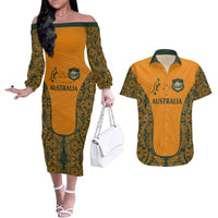 Custom Australia Rugby Championship 2024 Couples Matching Off The Shoulder Long Sleeve Dress and Hawaiian Shirt Aboriginal Art Tattoo Pattern