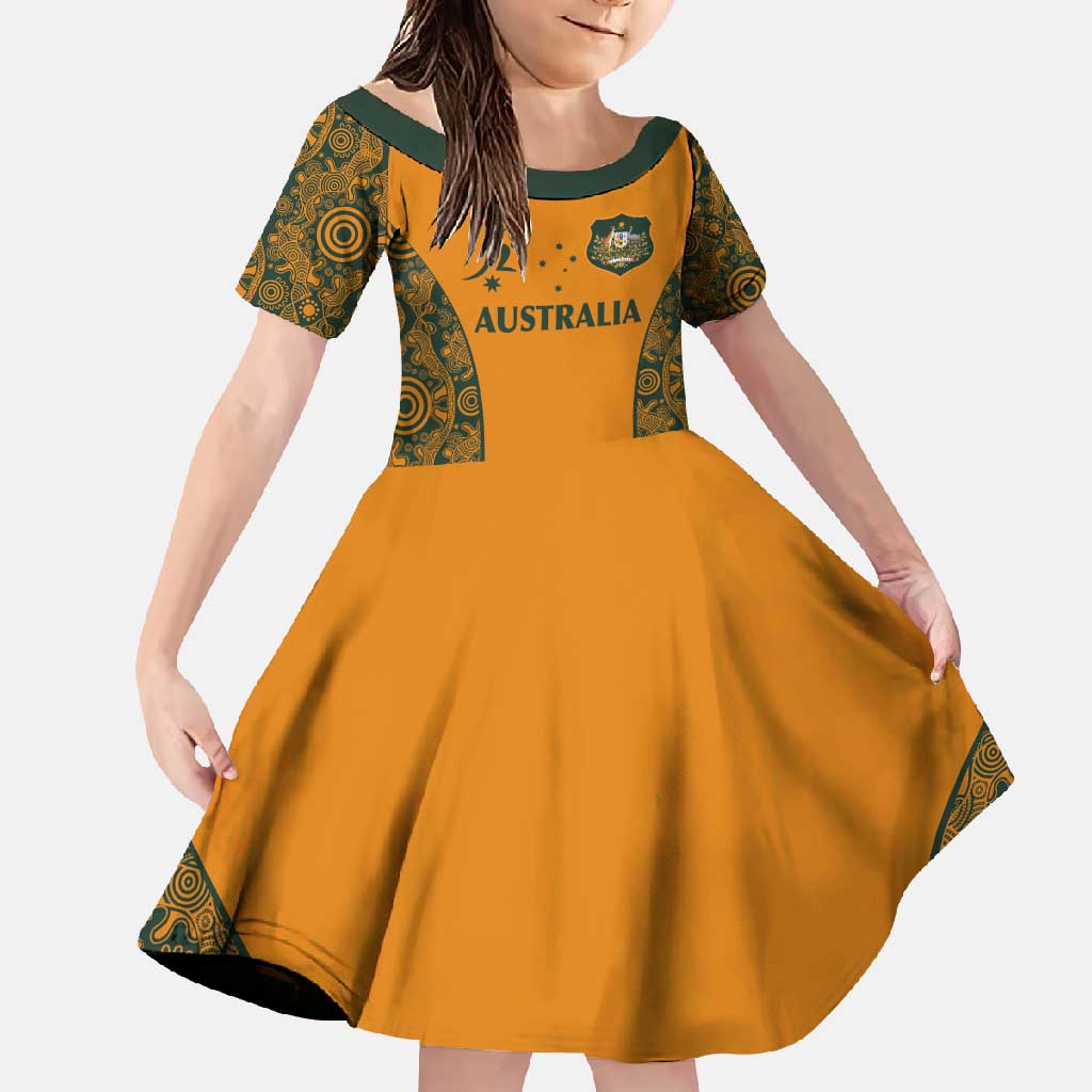 Custom Australia Rugby Championship 2024 Family Matching Short Sleeve Bodycon Dress and Hawaiian Shirt Aboriginal Art Tattoo Pattern LT03 Daughter's Dress Yellow - Polynesian Pride