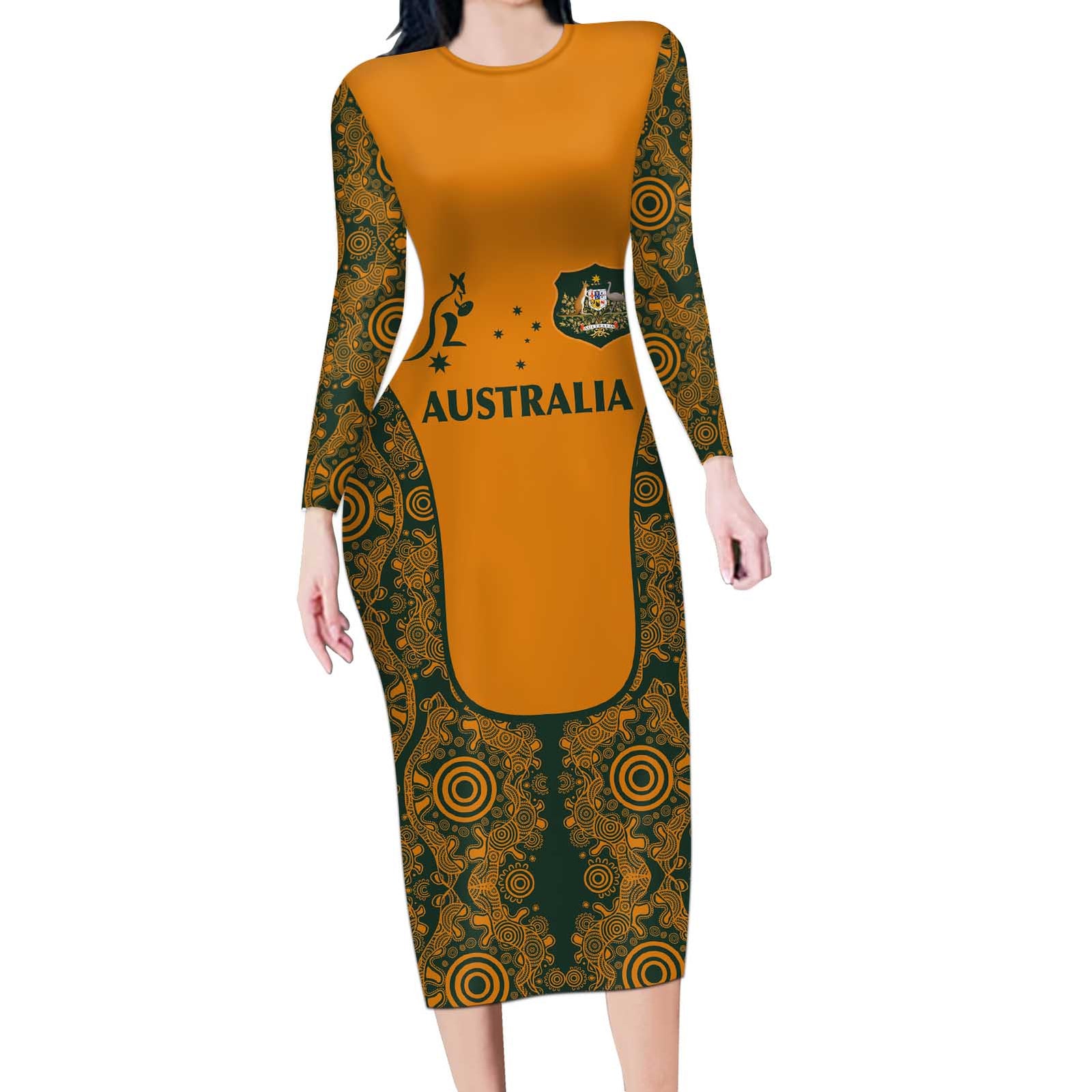Custom Australia Rugby Championship 2024 Long Sleeve Bodycon Dress Aboriginal Art Tattoo Pattern LT03 Long Dress Yellow - Polynesian Pride