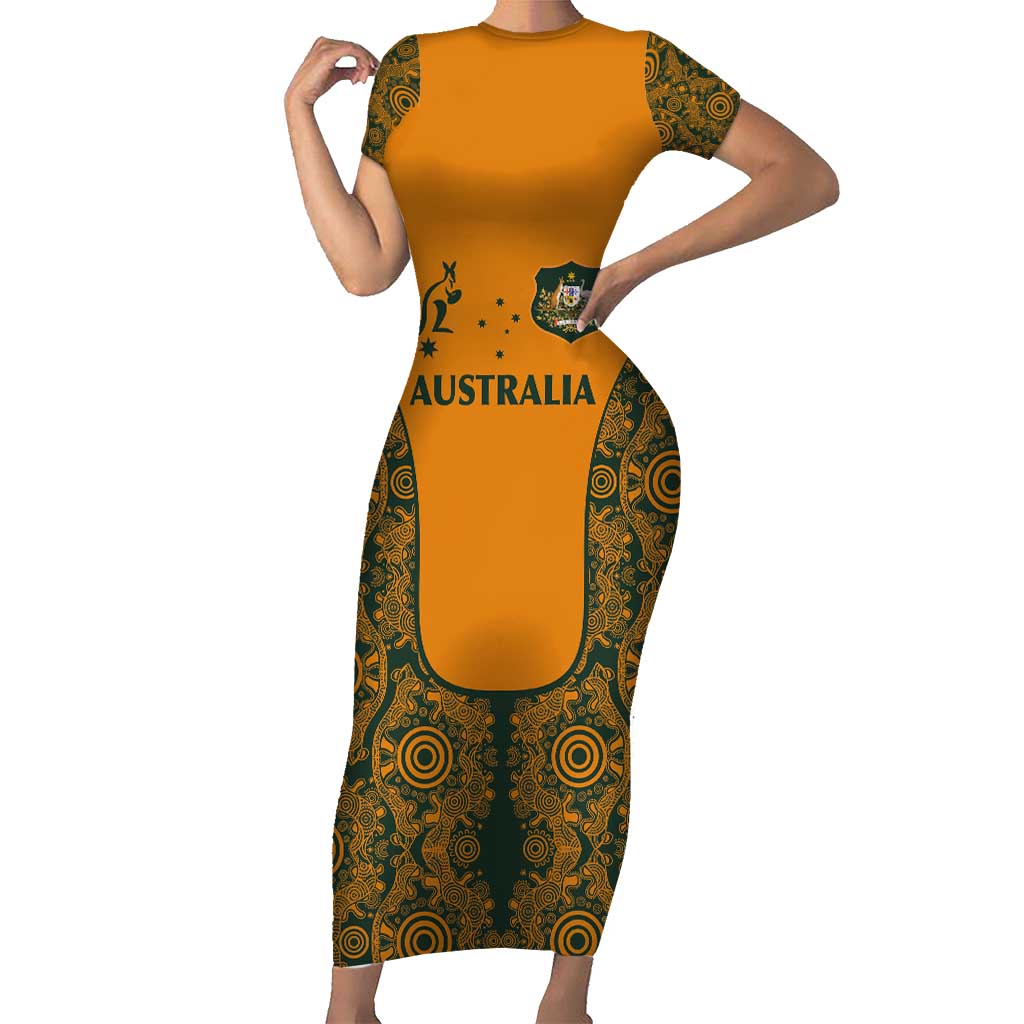Custom Australia Rugby Championship 2024 Short Sleeve Bodycon Dress Aboriginal Art Tattoo Pattern LT03 Long Dress Yellow - Polynesian Pride