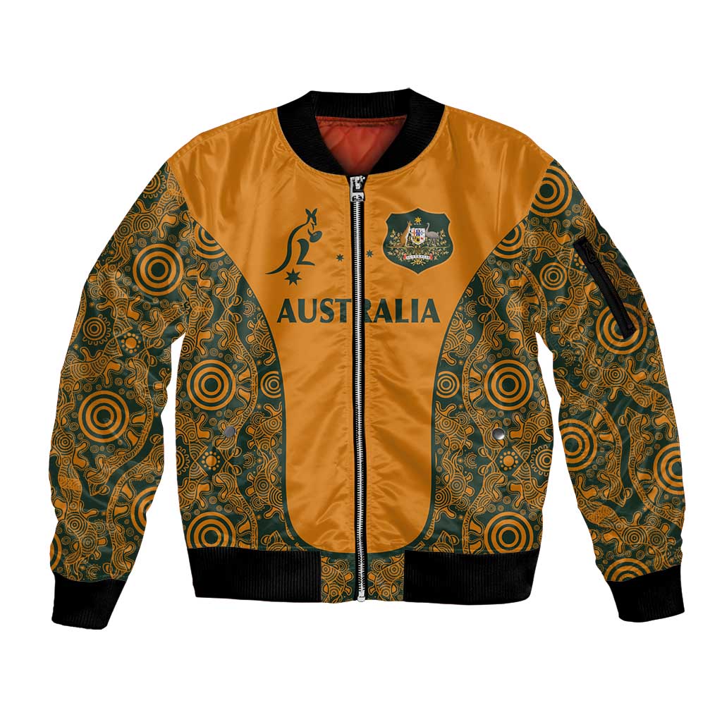 Custom Australia Rugby Championship 2024 Sleeve Zip Bomber Jacket Aboriginal Art Tattoo Pattern LT03 Unisex Yellow - Polynesian Pride