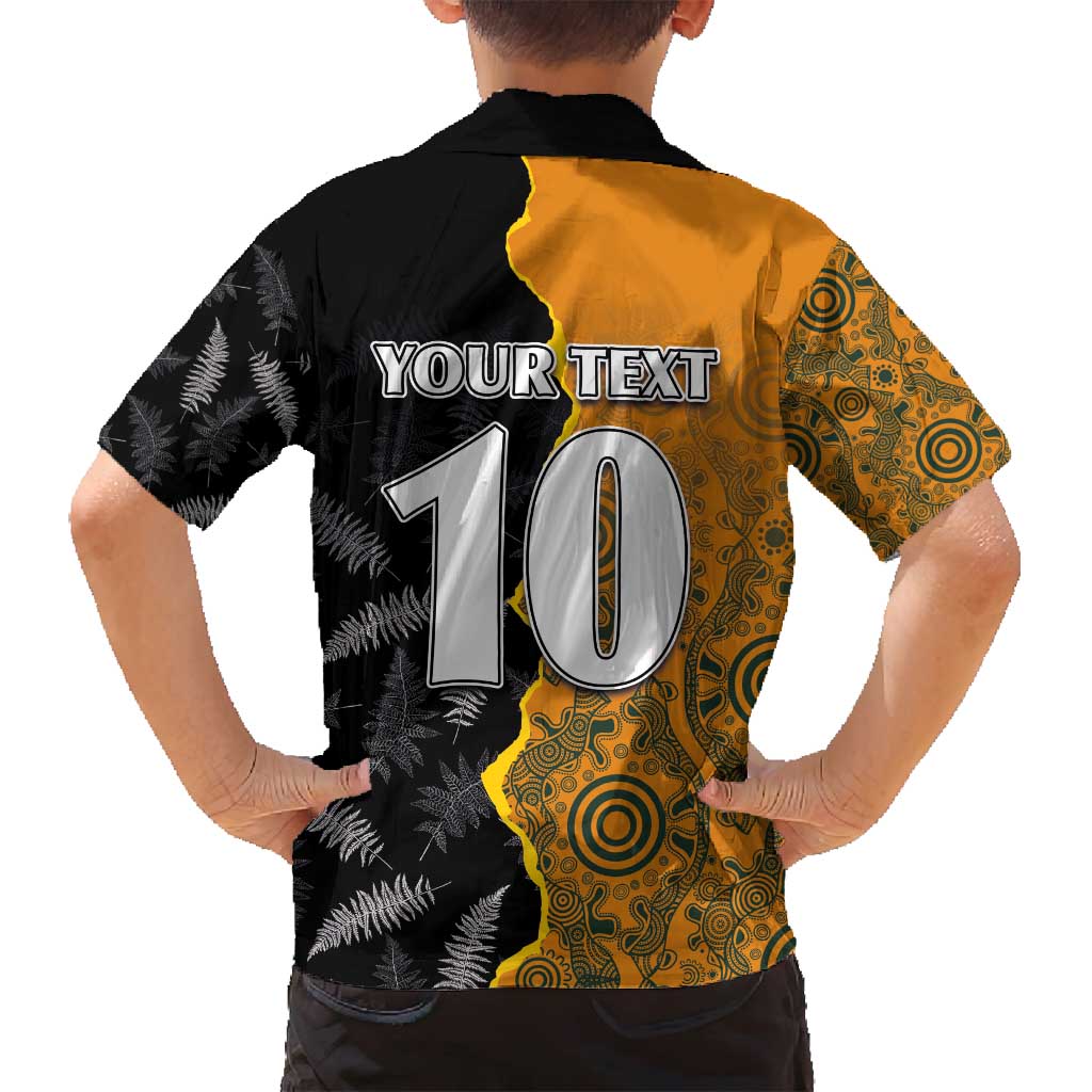 Custom New Zealand and Australia Rugby Championship 2024 Family Matching Long Sleeve Bodycon Dress and Hawaiian Shirt Maori Warrior and Kangaroo Mascot with Fern Aboriginal