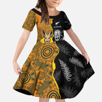Custom New Zealand and Australia Rugby Championship 2024 Family Matching Off The Shoulder Long Sleeve Dress and Hawaiian Shirt Maori Warrior and Kangaroo Mascot with Fern Aboriginal LT03 Daughter's Dress Black - Polynesian Pride