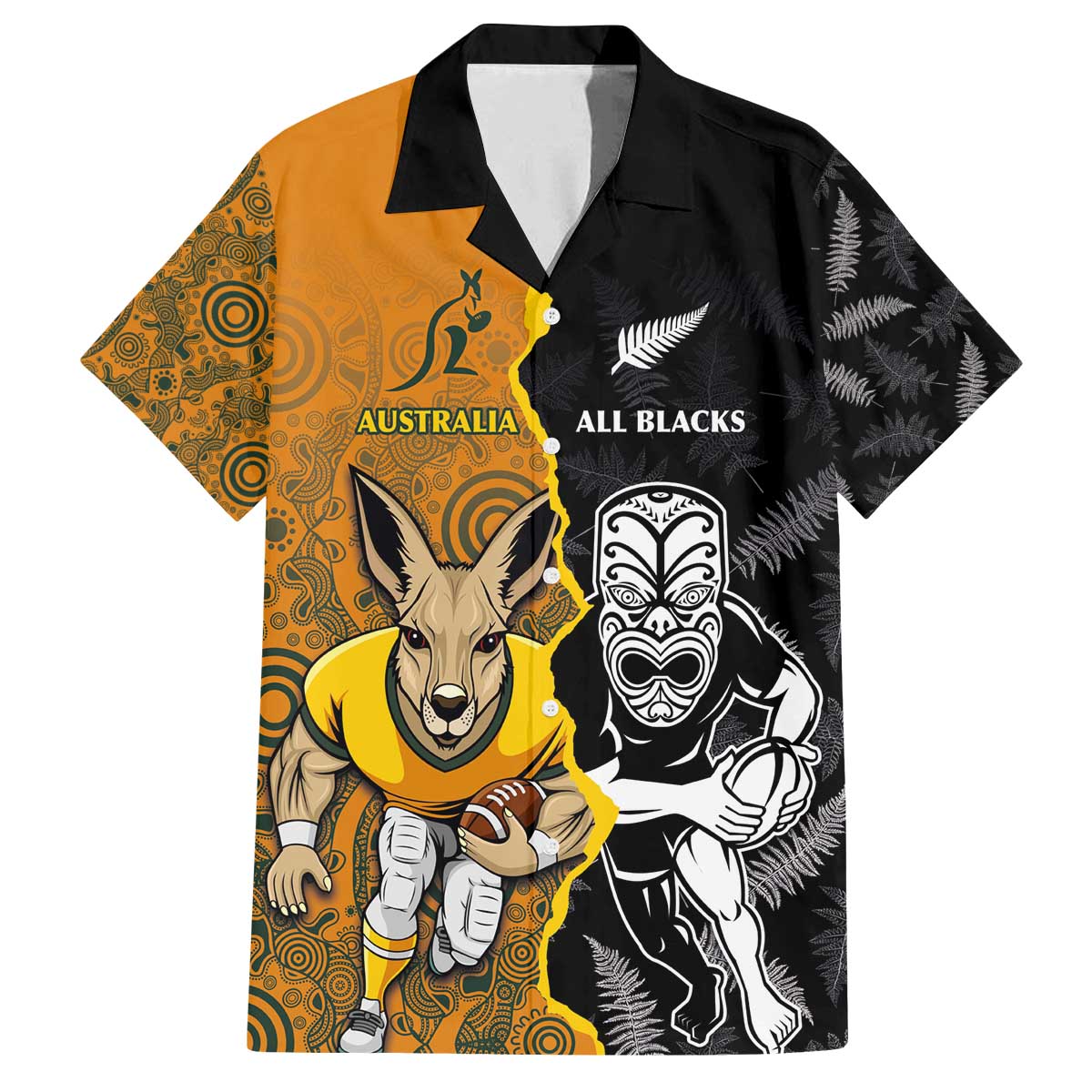 Custom New Zealand and Australia Rugby Championship 2024 Family Matching Off The Shoulder Long Sleeve Dress and Hawaiian Shirt Maori Warrior and Kangaroo Mascot with Fern Aboriginal LT03 Dad's Shirt - Short Sleeve Black - Polynesian Pride