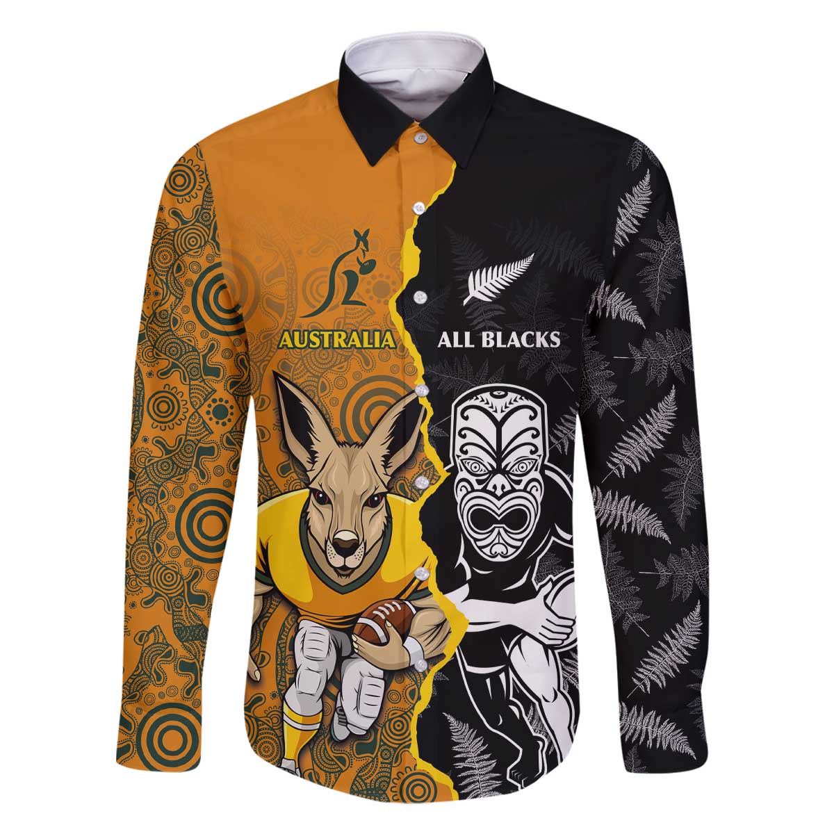 Custom New Zealand and Australia Rugby Championship 2024 Family Matching Off The Shoulder Long Sleeve Dress and Hawaiian Shirt Maori Warrior and Kangaroo Mascot with Fern Aboriginal LT03 Dad's Shirt - Long Sleeve Black - Polynesian Pride