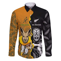 Custom New Zealand and Australia Rugby Championship 2024 Family Matching Off The Shoulder Long Sleeve Dress and Hawaiian Shirt Maori Warrior and Kangaroo Mascot with Fern Aboriginal LT03 Dad's Shirt - Long Sleeve Black - Polynesian Pride