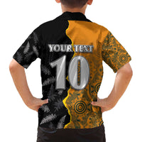 Custom New Zealand and Australia Rugby Championship 2024 Family Matching Off Shoulder Short Dress and Hawaiian Shirt Maori Warrior and Kangaroo Mascot with Fern Aboriginal