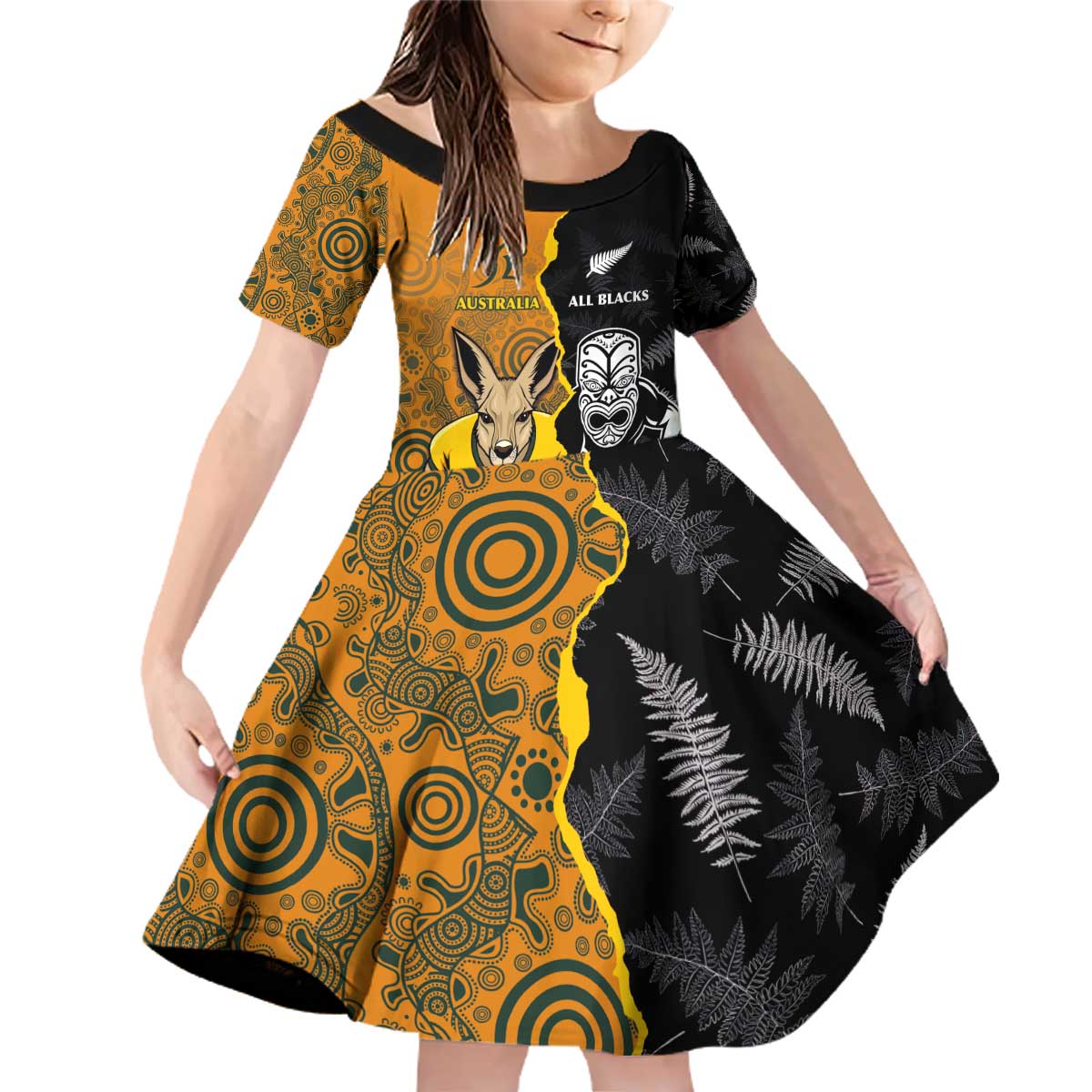 Custom New Zealand and Australia Rugby Championship 2024 Family Matching Off Shoulder Short Dress and Hawaiian Shirt Maori Warrior and Kangaroo Mascot with Fern Aboriginal