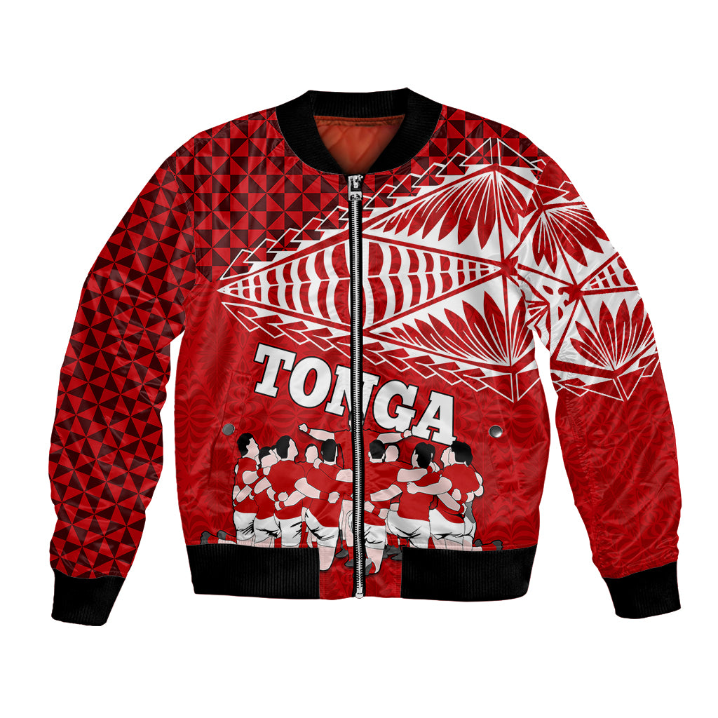 Tonga Rugby Bomber Jacket Sipi Tau Dance Ngatu Pattern LT03 Unisex Red - Polynesian Pride