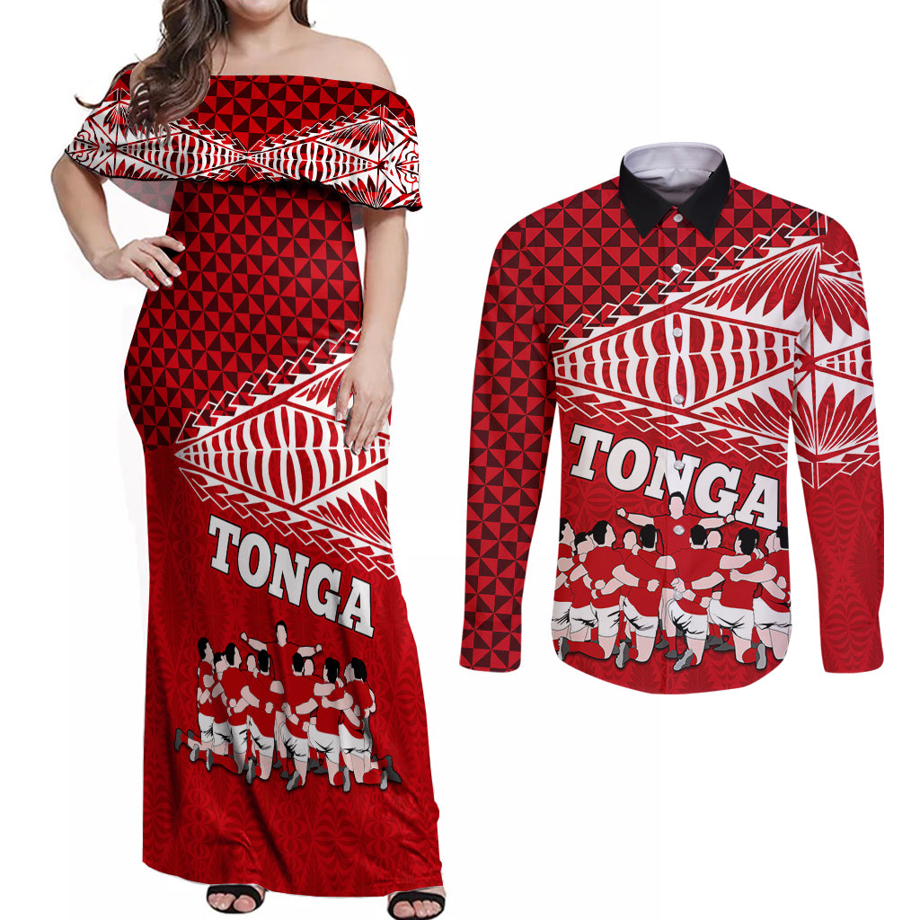 Tonga Rugby Couples Matching Off Shoulder Maxi Dress and Long Sleeve Button Shirts Sipi Tau Dance Ngatu Pattern LT03 Red - Polynesian Pride