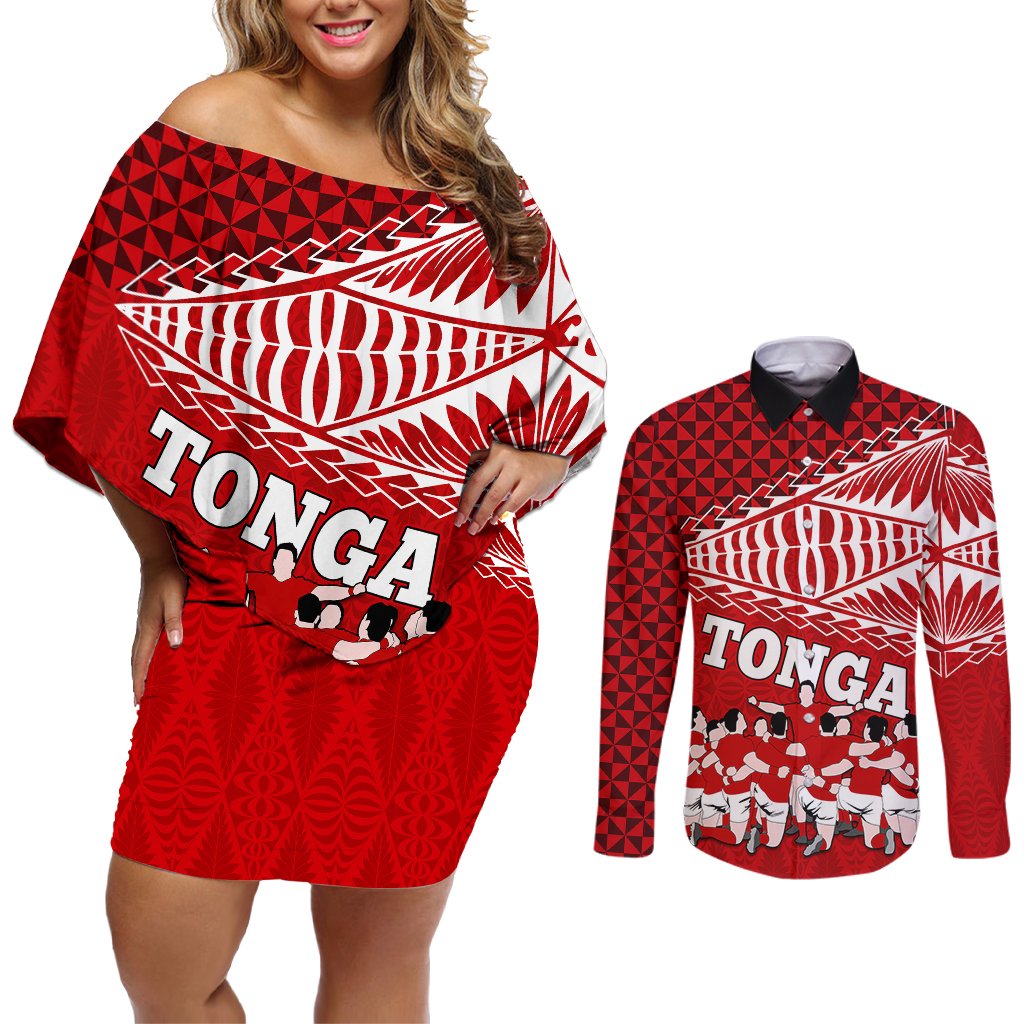 Tonga Rugby Couples Matching Off Shoulder Short Dress and Long Sleeve Button Shirts Sipi Tau Dance Ngatu Pattern LT03 Red - Polynesian Pride
