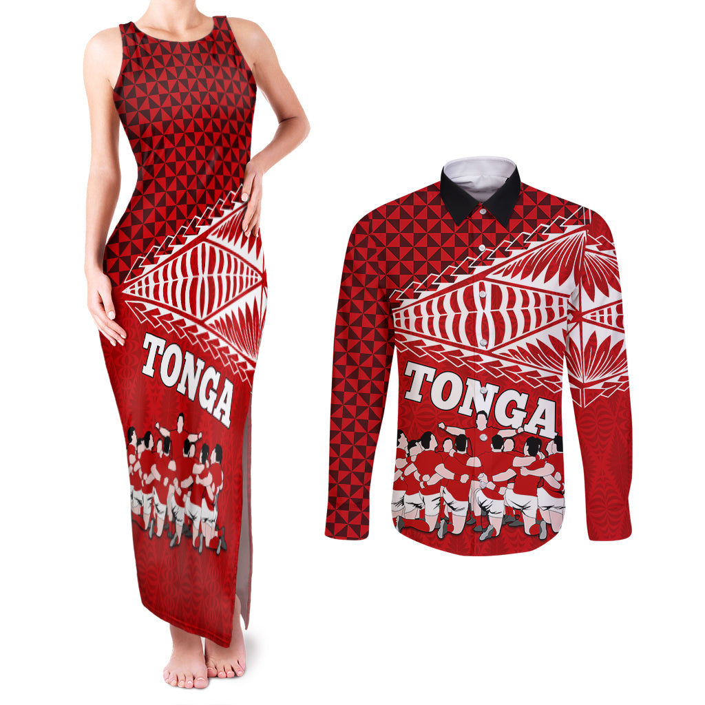 Tonga Rugby Couples Matching Tank Maxi Dress and Long Sleeve Button Shirts Sipi Tau Dance Ngatu Pattern LT03 Red - Polynesian Pride