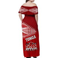 Tonga Rugby Family Matching Off Shoulder Maxi Dress and Hawaiian Shirt Sipi Tau Dance Ngatu Pattern LT03 - Polynesian Pride