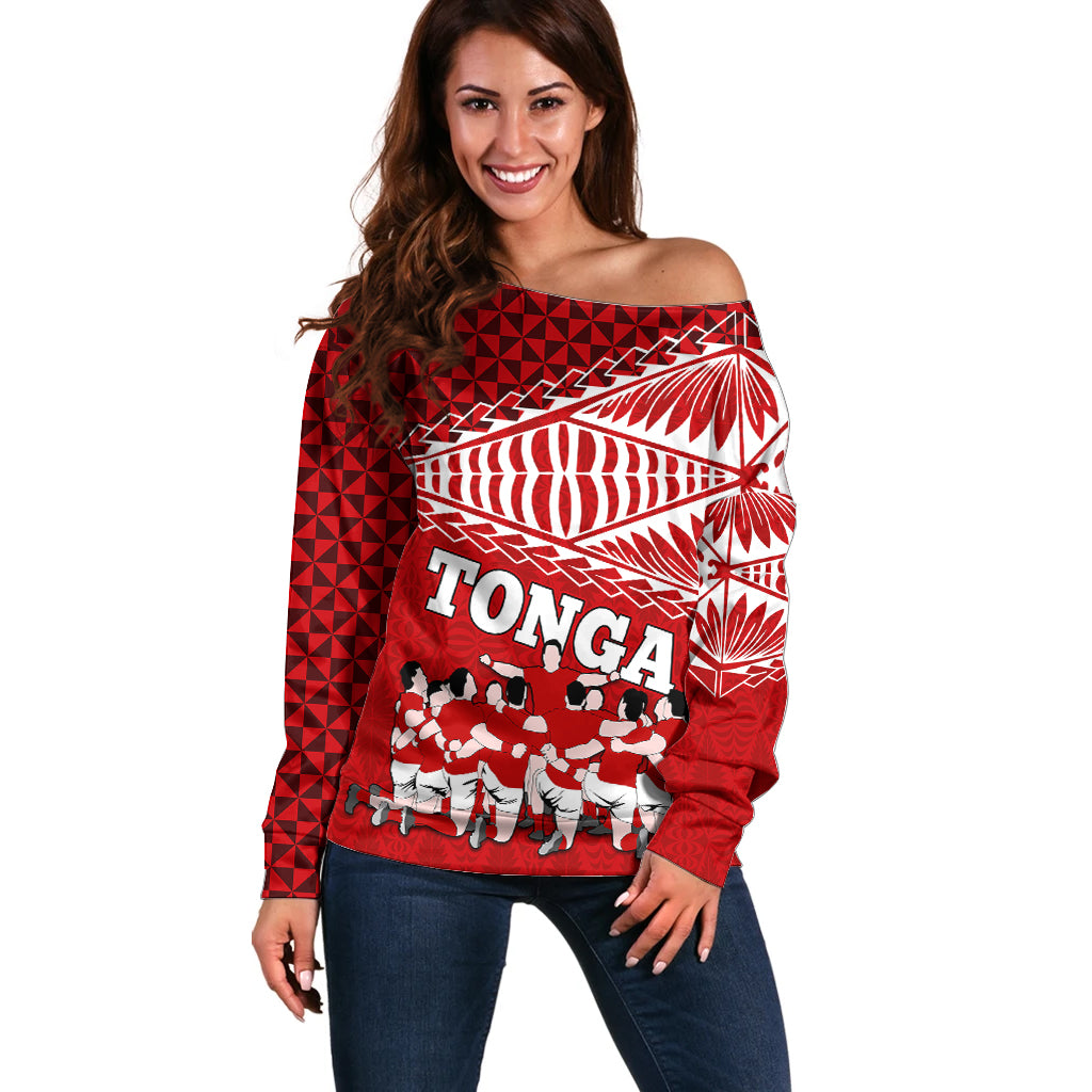 Tonga Rugby Off Shoulder Sweater Sipi Tau Dance Ngatu Pattern LT03 Women Red - Polynesian Pride
