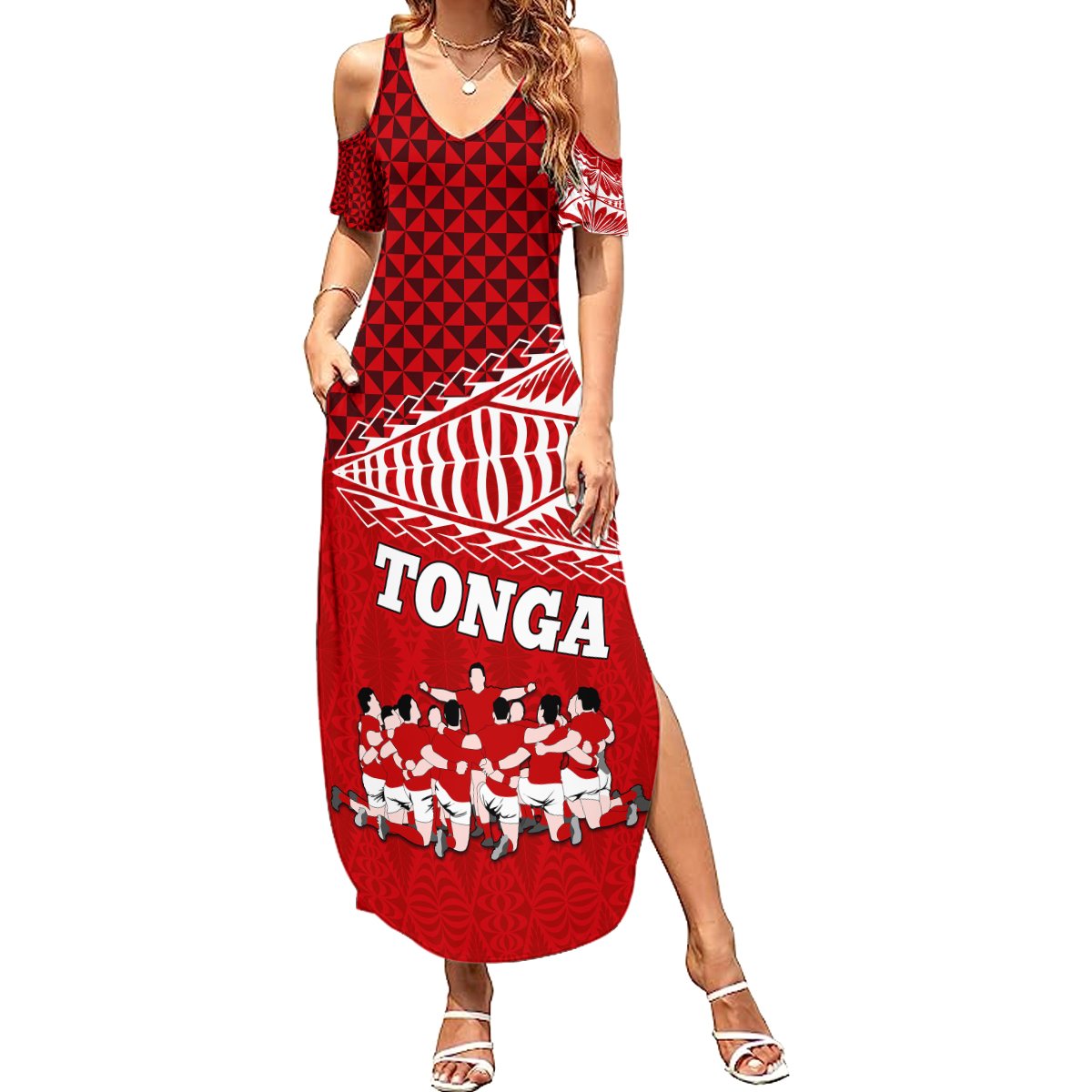 Tonga Rugby Summer Maxi Dress Sipi Tau Dance Ngatu Pattern LT03 Women Red - Polynesian Pride