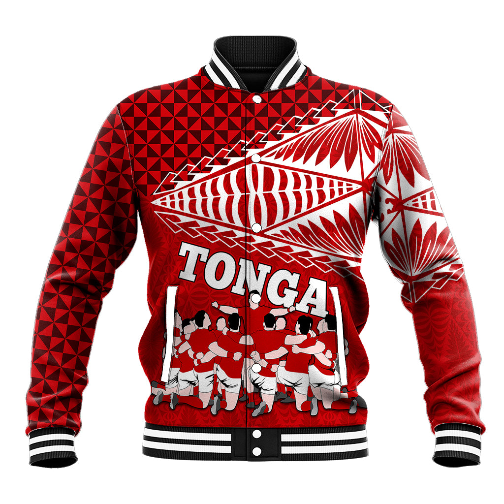 Personalised Tonga Rugby Baseball Jacket Sipi Tau Dance Ngatu Pattern LT03 Unisex Red - Polynesian Pride