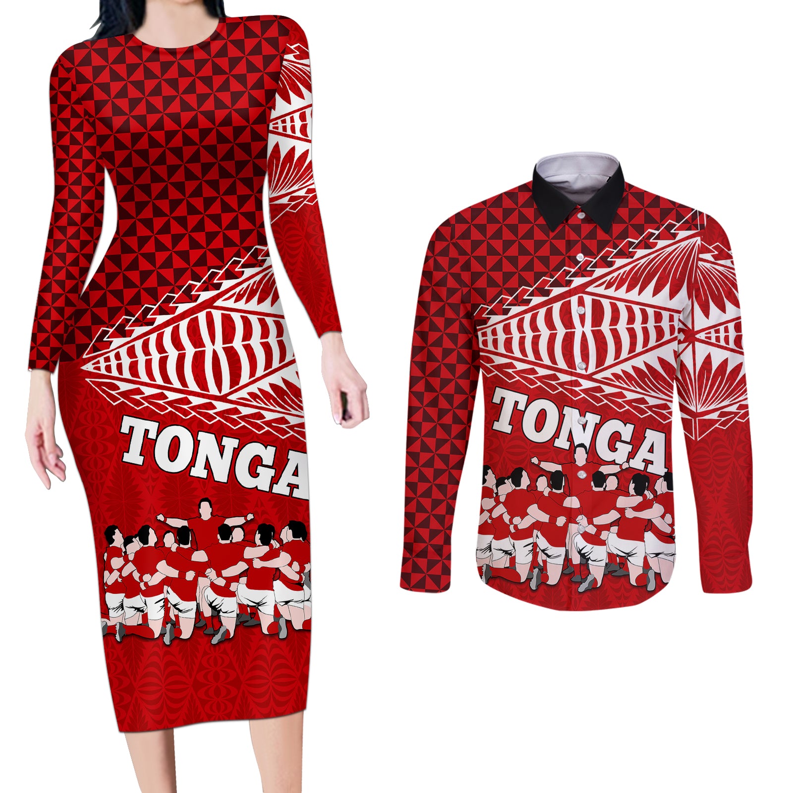 Personalised Tonga Rugby Couples Matching Long Sleeve Bodycon Dress and Long Sleeve Button Shirts Sipi Tau Dance Ngatu Pattern LT03 Red - Polynesian Pride