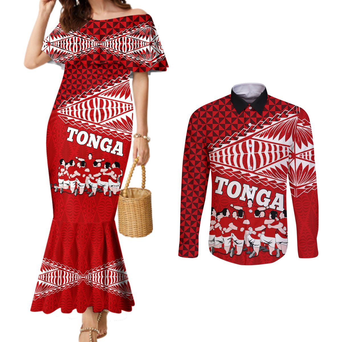 Personalised Tonga Rugby Couples Matching Mermaid Dress and Long Sleeve Button Shirts Sipi Tau Dance Ngatu Pattern LT03 Red - Polynesian Pride