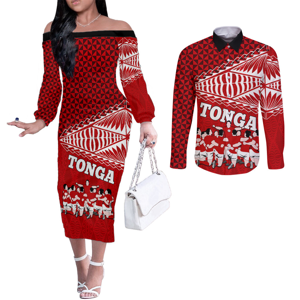 Personalised Tonga Rugby Couples Matching Off The Shoulder Long Sleeve Dress and Long Sleeve Button Shirts Sipi Tau Dance Ngatu Pattern LT03 Red - Polynesian Pride